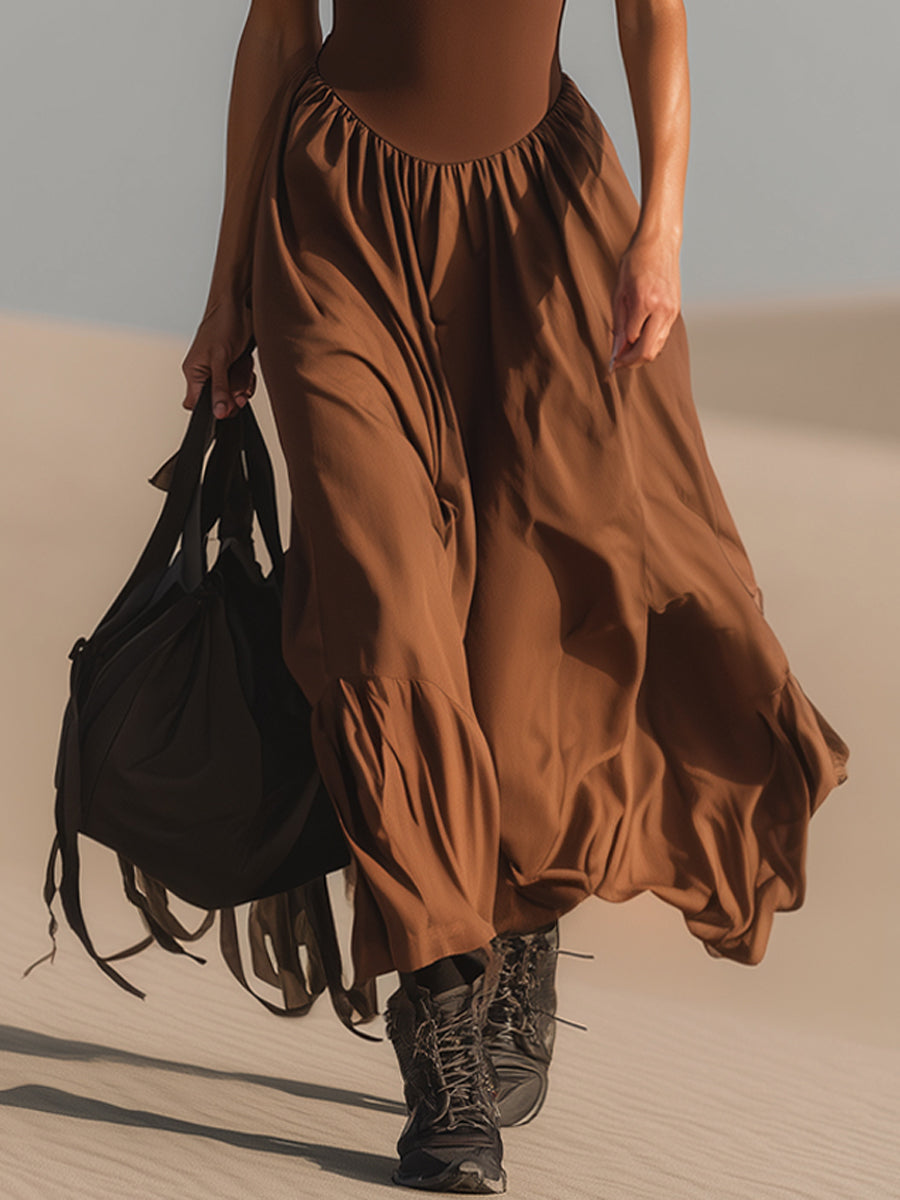 Chocolate Brown Ruffled Waist Defining Strappy Maxi Dress