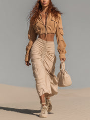 Khaki Outdoor Crop Top And Beige Ruched Skirt Set
