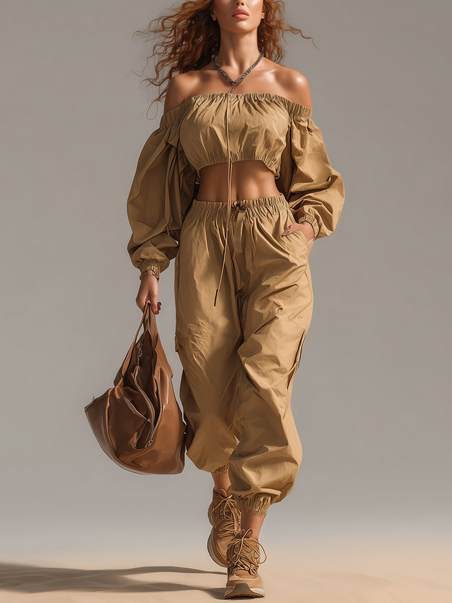 Khaki Off Shoulder Waterproof Top And Wide Leg Pants Set