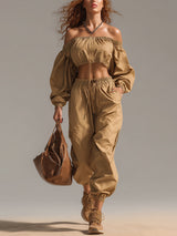 Khaki Off Shoulder Waterproof Top And Wide Leg Pants Set