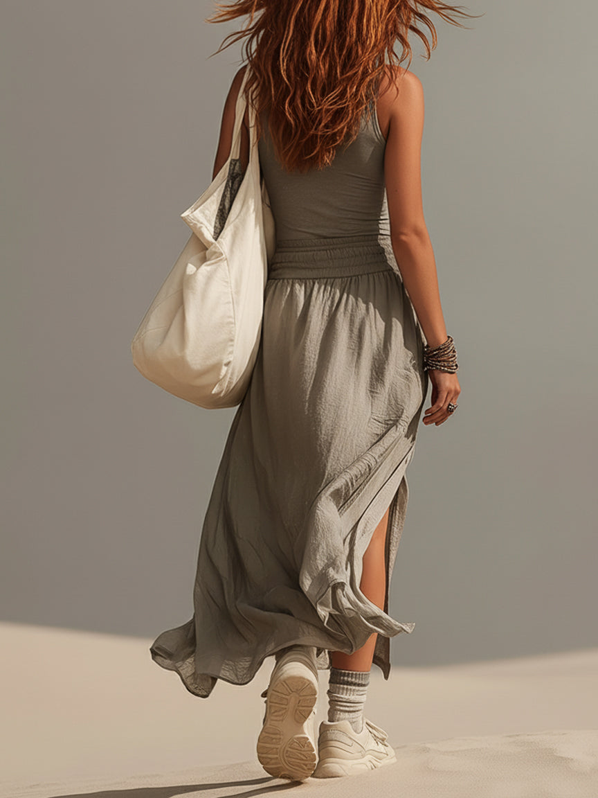 Gray Breezy Knit And Chiffon Two Piece Set