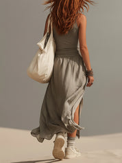 Gray Breezy Knit And Chiffon Two Piece Set