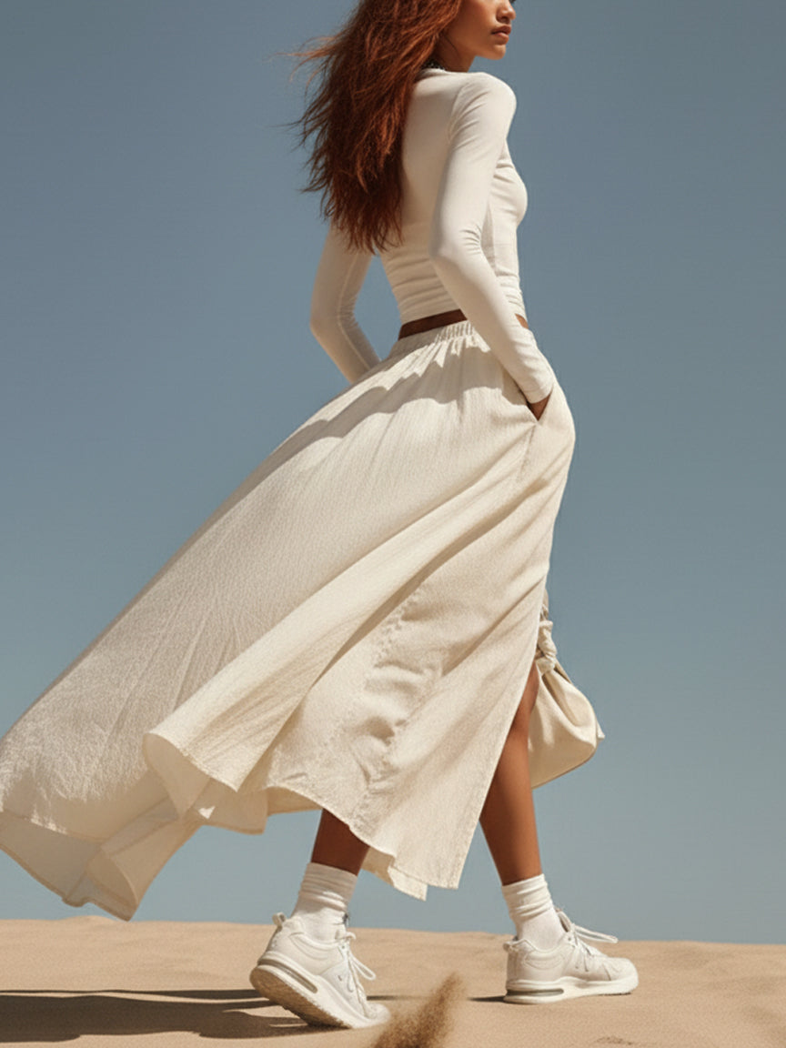 Cream Fitted Long Sleeves Top And Slit Skirt Set