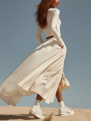 Cream Fitted Long Sleeves Top And Slit Skirt Set