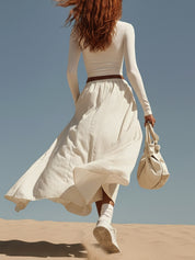 Cream Fitted Long Sleeves Top And Slit Skirt Set