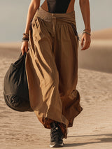 Brown Color Blocked Sleeveless Fitted Top And Wide Leg Pants Set