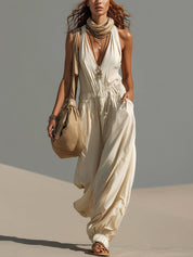Ivory Lightweight Outdoor V-Neck Strap Jumpsuit