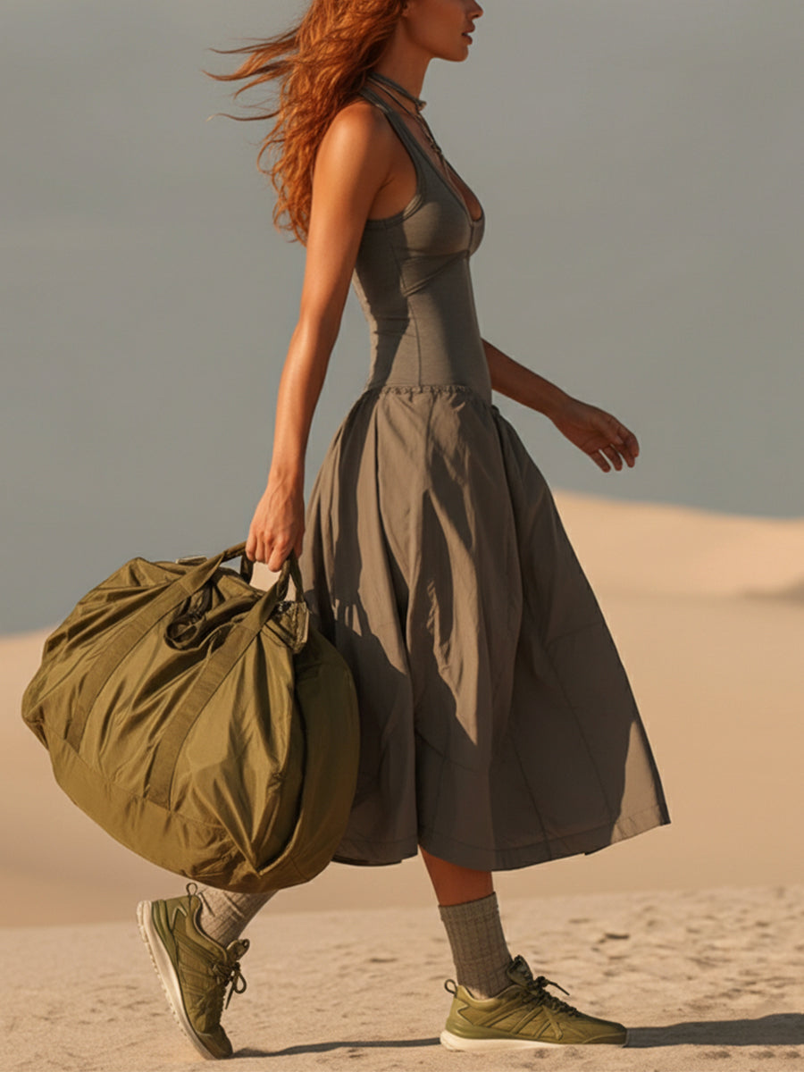 Gray Lightweight Slim Fit Sleeveless Deep Round Neck Maxi Dress