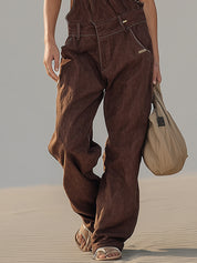 Brown Vintage Washed Denim Overall Jumpsuit