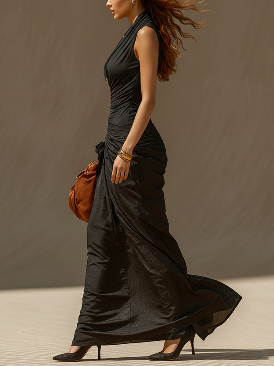 Black Deep V-Neck Milk Silk Mermaid Maxi Dress