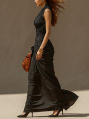 Black Deep V-Neck Milk Silk Mermaid Maxi Dress