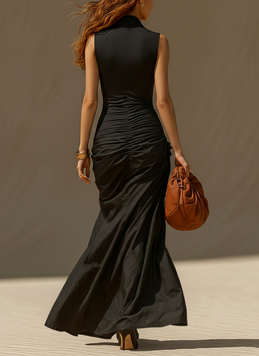 Black Deep V-Neck Milk Silk Mermaid Maxi Dress