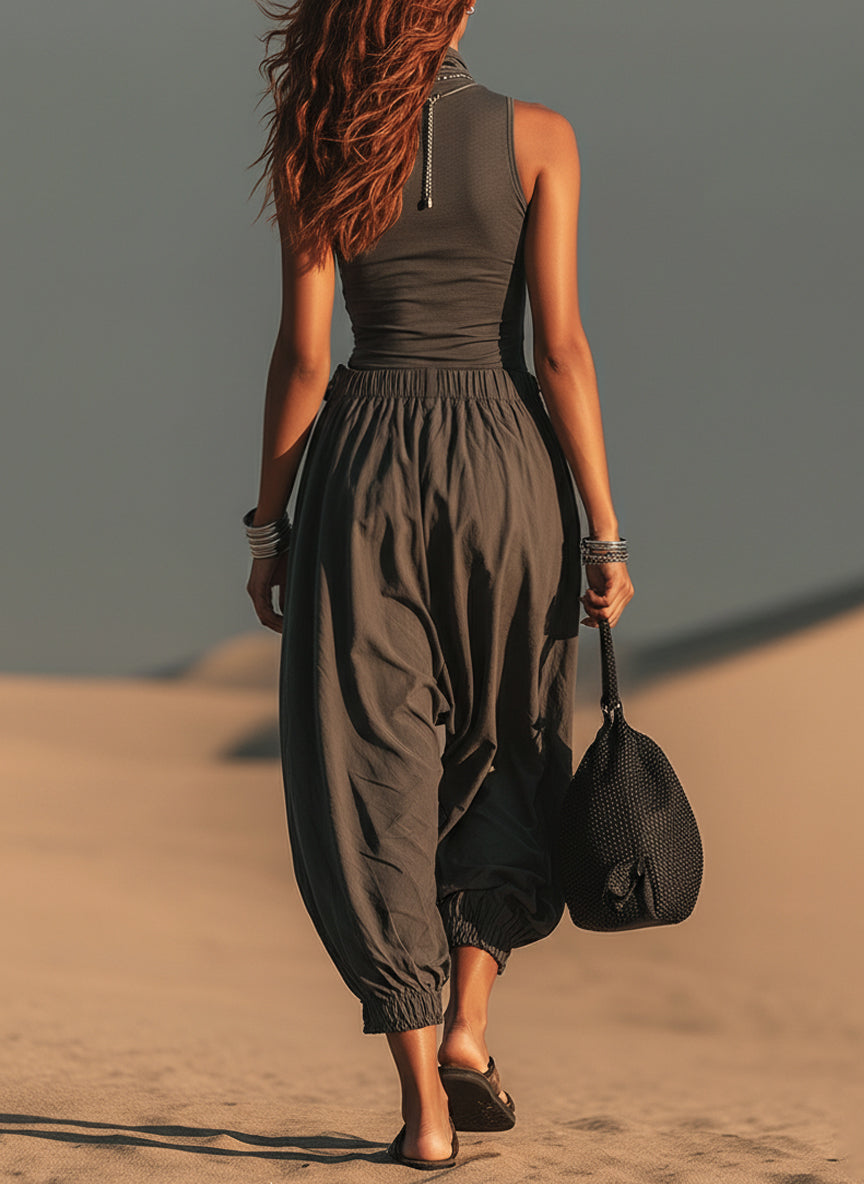 Charcoal Comfort Fit Top And Tie Waist Cropped Pants Set