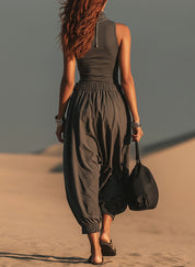 Charcoal Comfort Fit Top And Tie Waist Cropped Pants Set