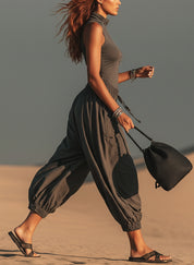 Charcoal Comfort Fit Top And Tie Waist Cropped Pants Set