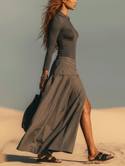 Charcoal Bodycon Top And Split Midi Skirt Set