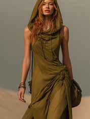 Olive Green Hooded Sleeveless Maxi Dress
