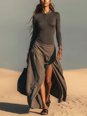 Charcoal Bodycon Top And Split Midi Skirt Set