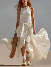 Cream Asymmetrical Sleeveless Cotton Maxi Dress