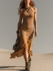 Khaki Sleeveless Ribbed Knit Mermaid Maxi Dress
