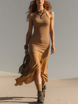 Khaki Sleeveless Ribbed Knit Mermaid Maxi Dress