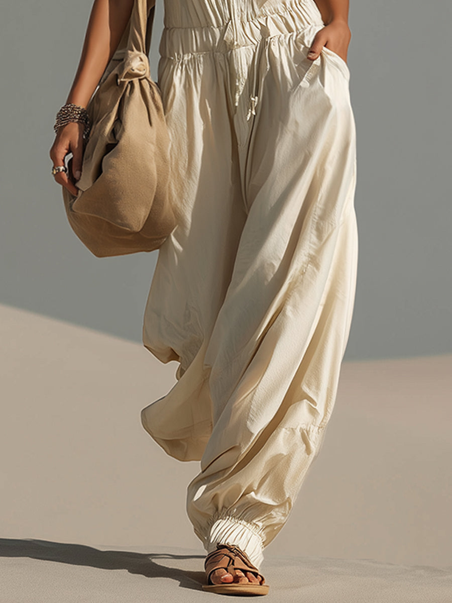 Ivory Lightweight Outdoor V-Neck Strap Jumpsuit