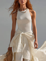 Cream Asymmetrical Sleeveless Cotton Maxi Dress