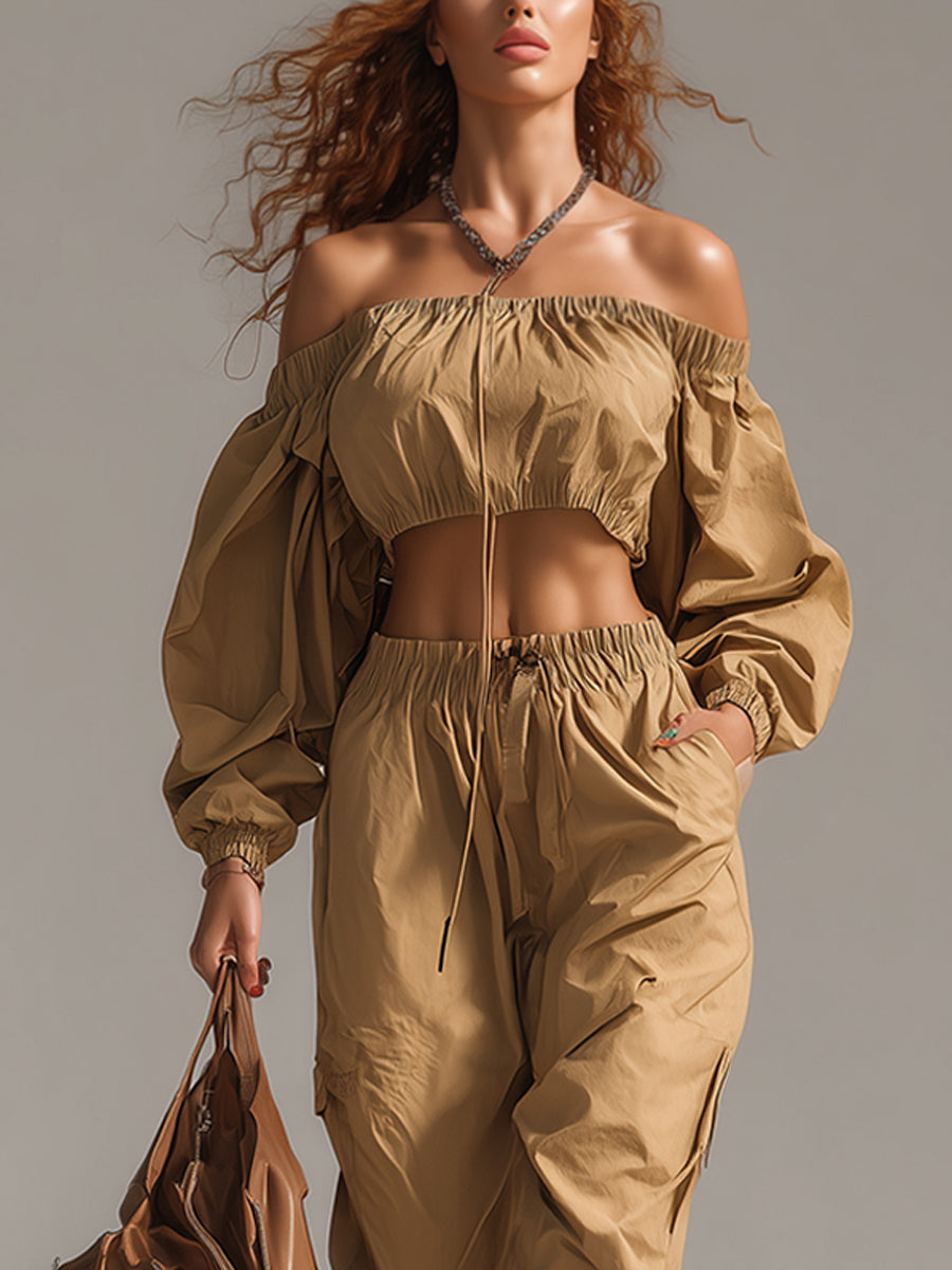 Khaki Off Shoulder Waterproof Top And Wide Leg Pants Set