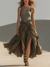 Olive Sleeveless Fitted Top And Split Skirt Set