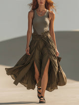 Olive Sleeveless Fitted Top And Split Skirt Set