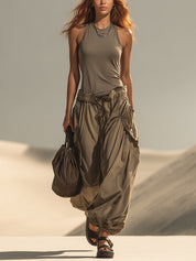 Olive Sleeveless Top And Flowing Wide Leg Skirt Set