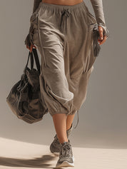 Gray Off Shoulder Crop Top And Loose Capri Pants Set