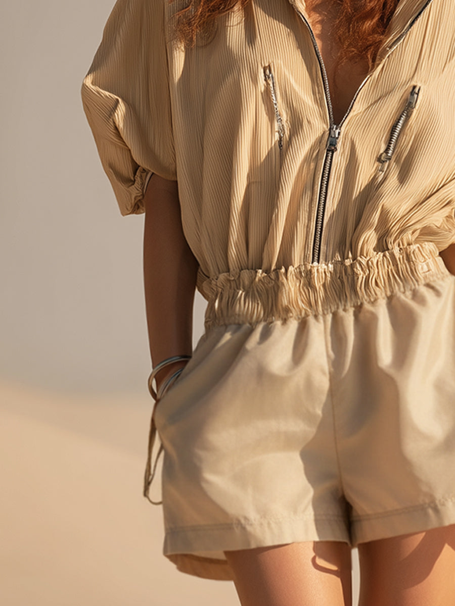 Desert Sand Pleated Zip Up Jumpsuit