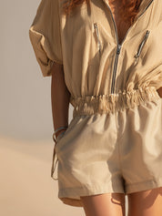Desert Sand Pleated Zip Up Jumpsuit