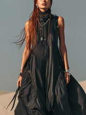 Black Sleeveless Hooded Zip Up Maxi Dress