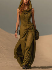 Olive Green Hooded Sleeveless Maxi Dress