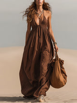Chocolate Adjustable Strap High Waisted Cotton Maxi Dress With Bra Pads