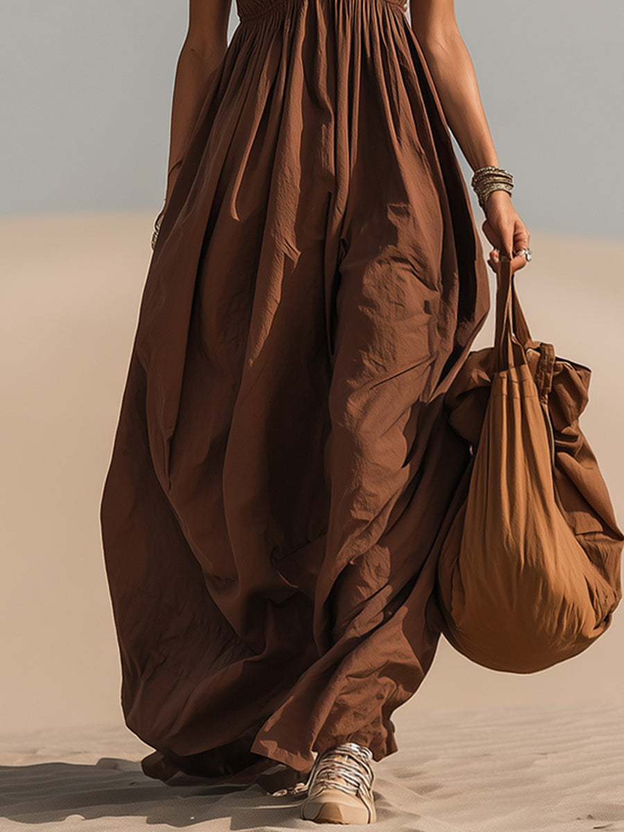 Chocolate Adjustable Strap High Waisted Cotton Maxi Dress With Bra Pads