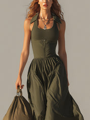 Olive Collared Top And Adjustable Strap Dress Set