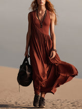 Crimson Red Pleated Strappy Comfortable Flowy Maxi Dress