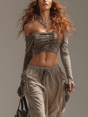 Gray Off Shoulder Crop Top And Loose Capri Pants Set