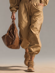 Khaki Off Shoulder Waterproof Top And Wide Leg Pants Set