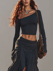 Sleek Black Asymmetric Neckline Crop Top And Skirt Set