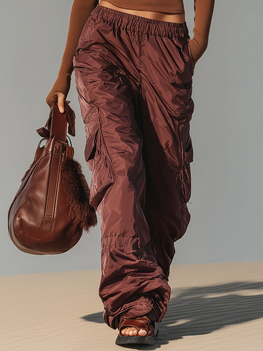 Cocoa Long Sleeve Fitted Top And Burgundy Outdoor Pants Set