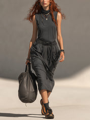 Dark Gray Lightweight Top And Double Drawstring Skirt Set