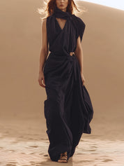 Black Cotton Asymmetrical Maxi Dress