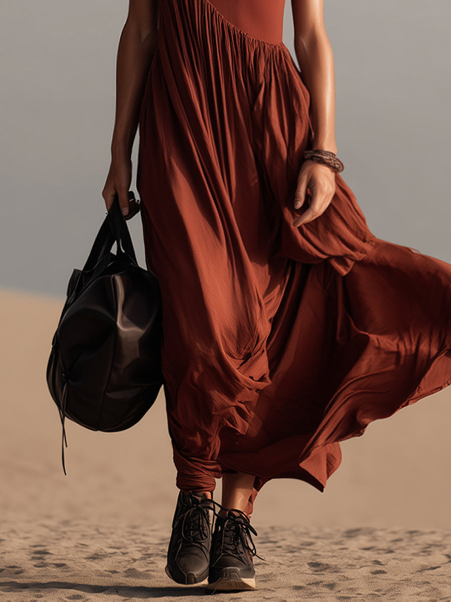 Crimson Red Pleated Strappy Comfortable Flowy Maxi Dress