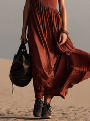 Crimson Red Pleated Strappy Comfortable Flowy Maxi Dress