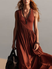 Crimson Red Pleated Strappy Comfortable Flowy Maxi Dress