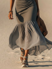 Gray Asymmetrical Ruched Sheer Maxi Dress